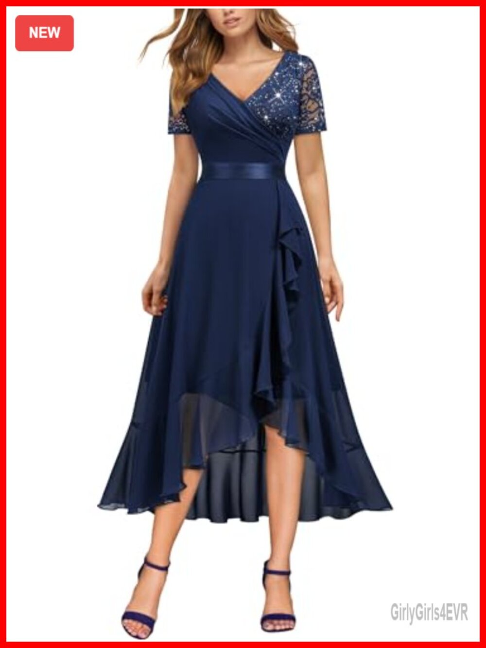 V-Neck Sequin Lace Chiffon Ruffle Slit Formal Evening Party Dress
